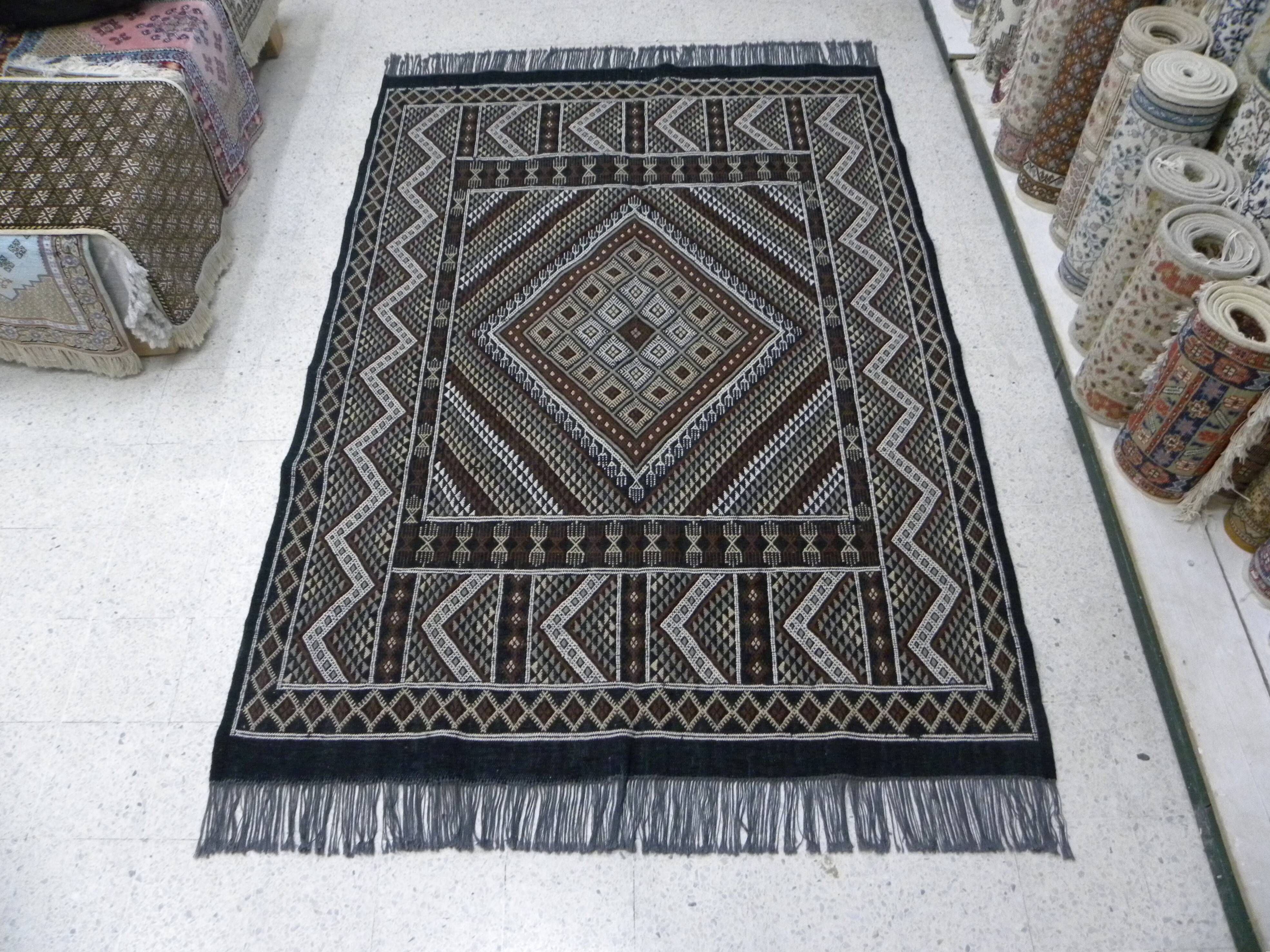 Vintage Berber Carpet Black and Beige Authentic Design Chic Ethnic Style