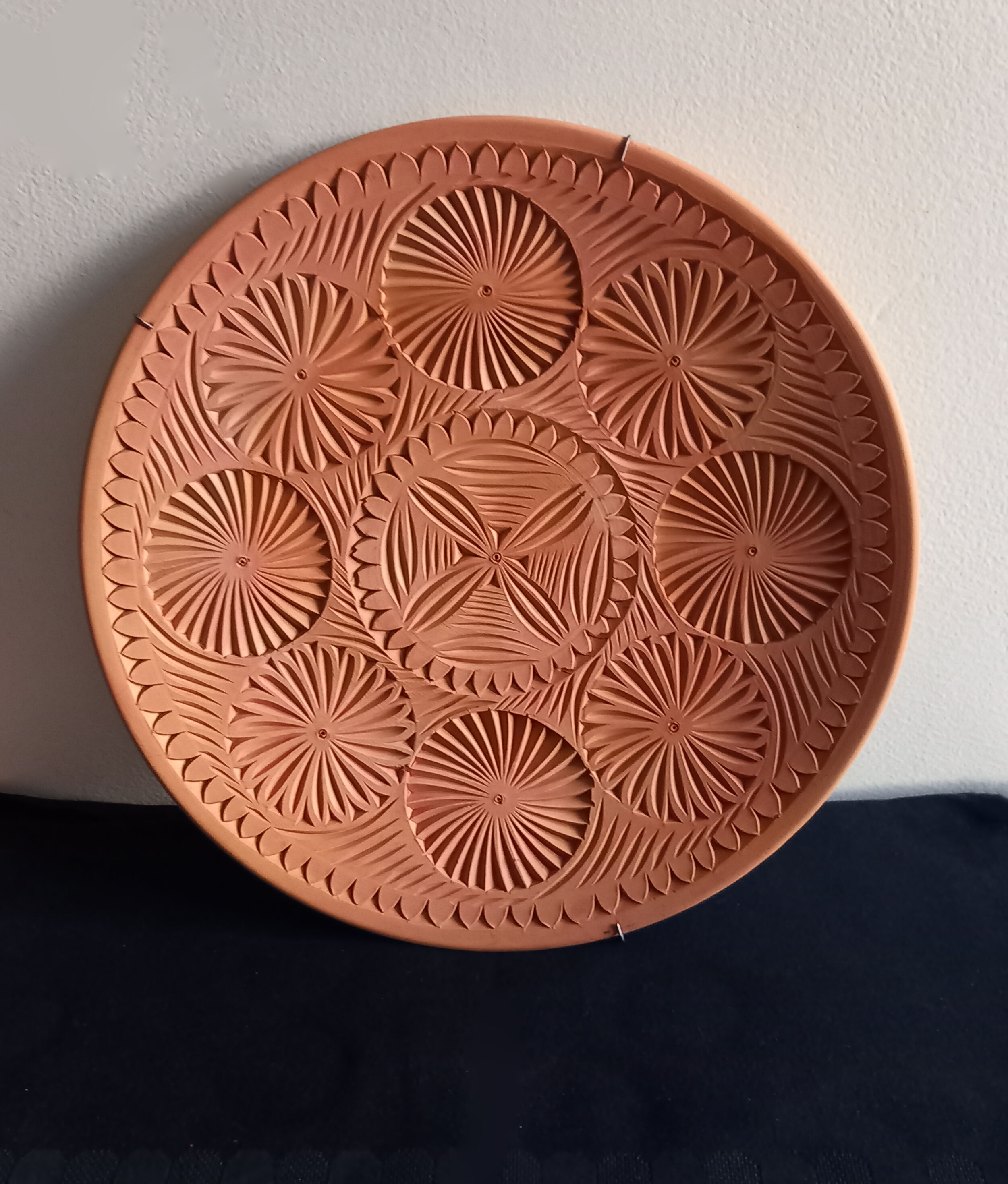 Old decorative terracotta wall plate vintage 60s pottery