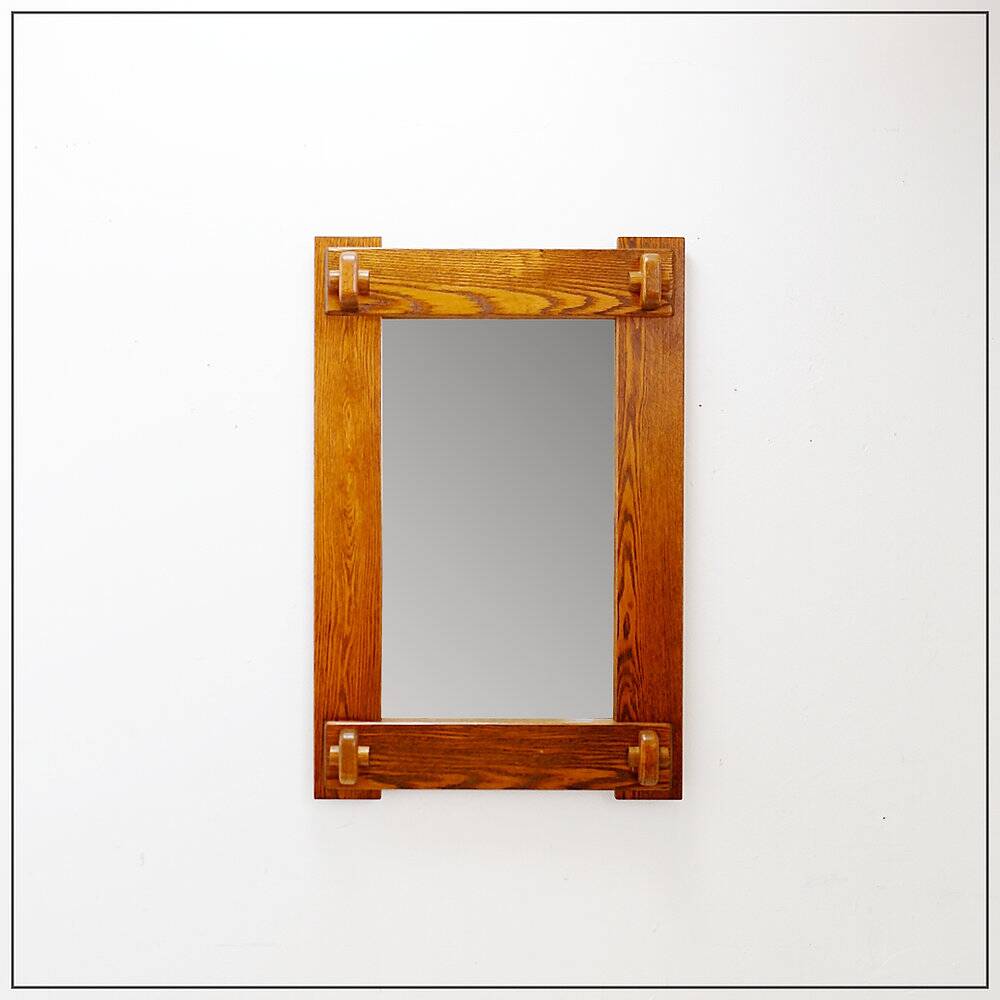 Brutalist wall mirror with a solid wood frame - 1960s