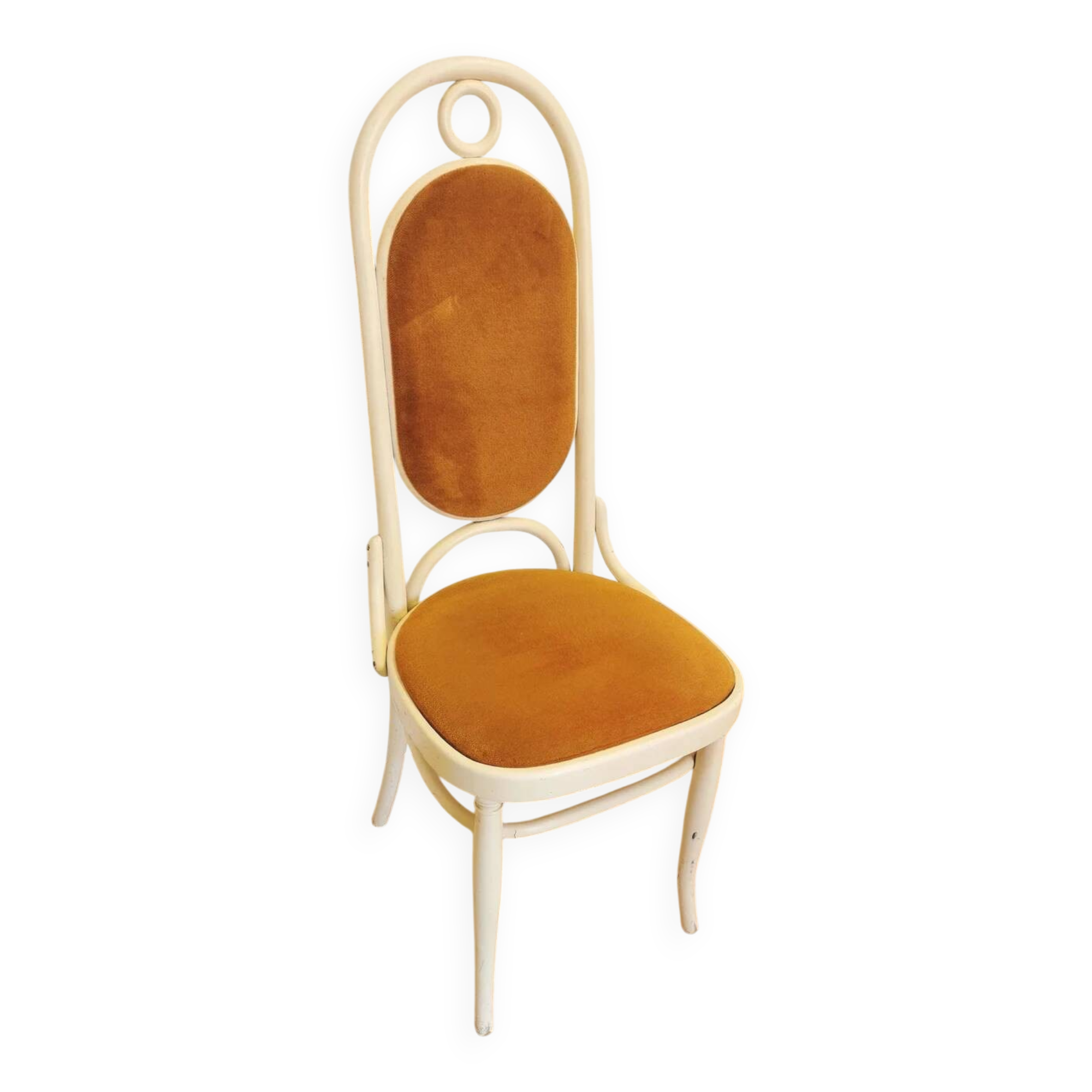 Vintage Thonet Bentwood Dining Chair: White Wood, Yellow Fabric, 1970s Yugo