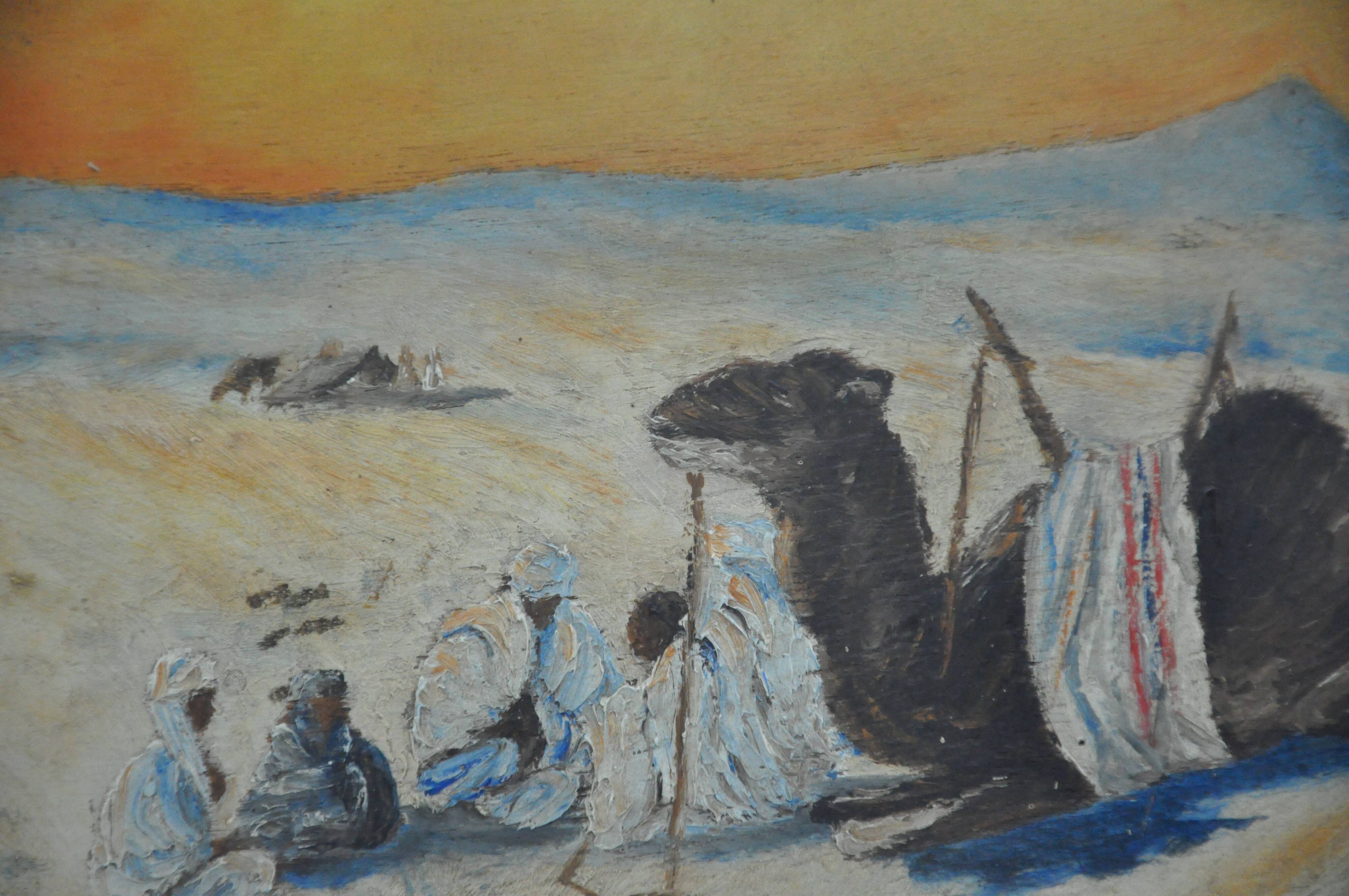 Ancient painting oil s wood, orientalist Bedouin camel desert unsigned