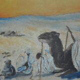 Ancienne peinture huile s bois, orientaliste bédouin dromadaire désert non signé