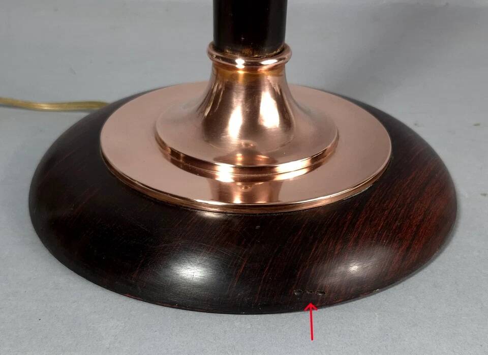 Antique large Mazda Art Deco lamp: opaline glass, wood & copper, 77 cm S802