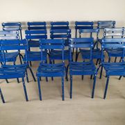 14 blue metal bistro chairs