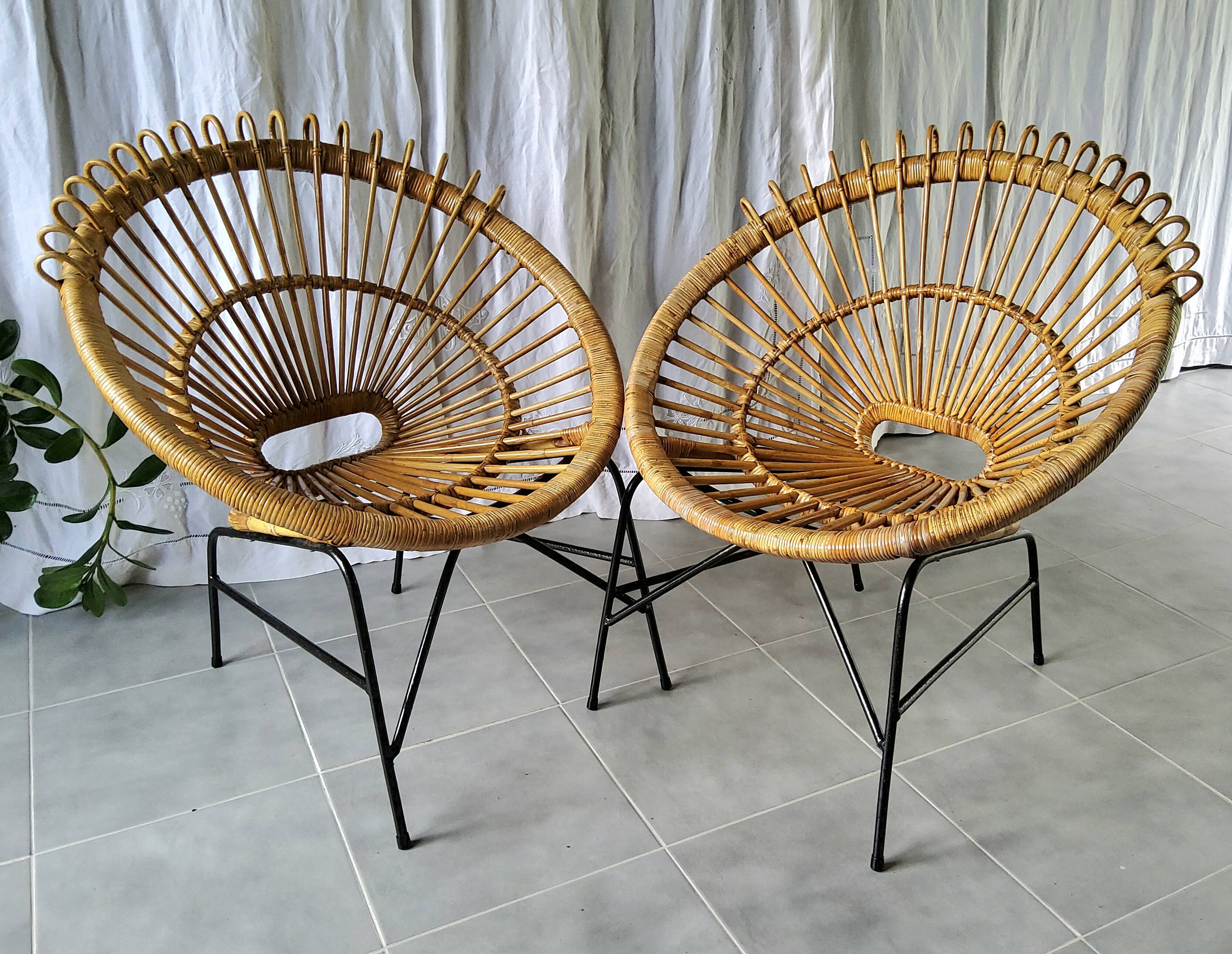 Pair of 60s rattan armchairs