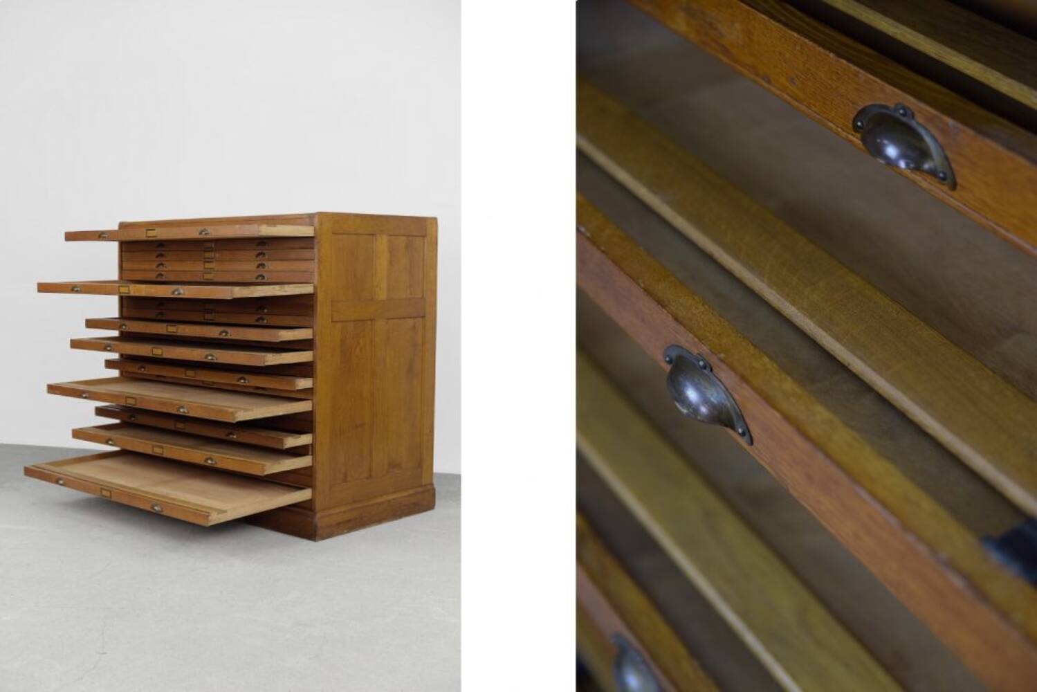 Vintage industrial oak filing cabinet with several drawers, 1930s.