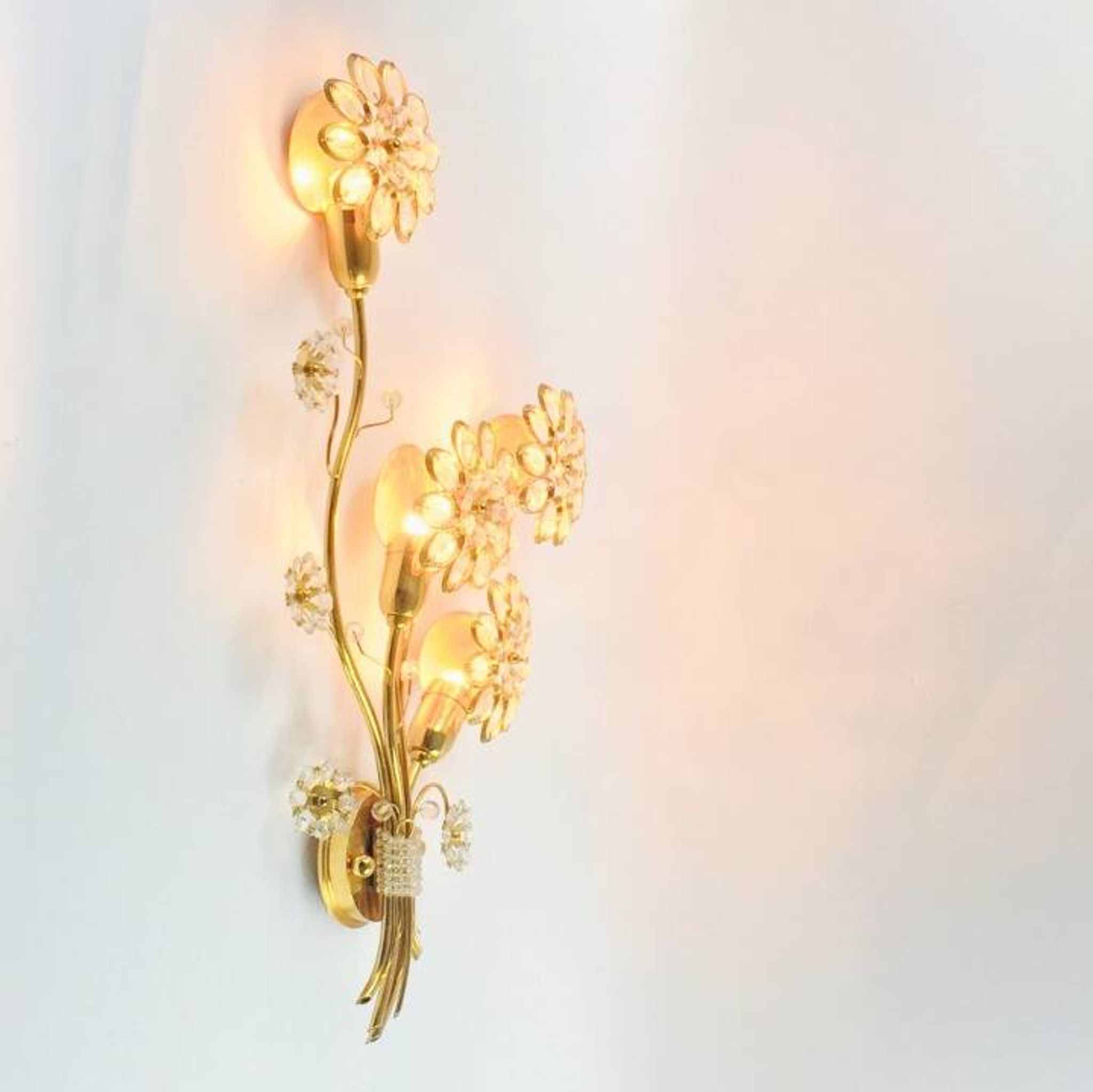 Pair of Extra Large Mid Century Gilt Brass & Crystal Flower Shape Wall Lights from Palwa, Germany