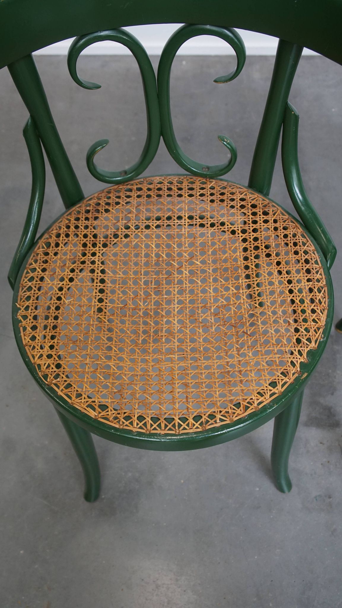 Set of 4 Green Vintage Bistro Chairs with Woven Rattan Seats