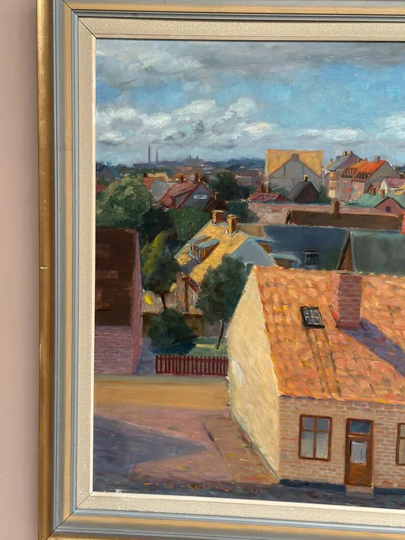 Large Original Swedish Oil on Panel – "Urban Landscape" by Wilhelm Matton – Signed – Dated 1947 – Framed – 83 × 73 cm (32.7 in × 28.7 in)