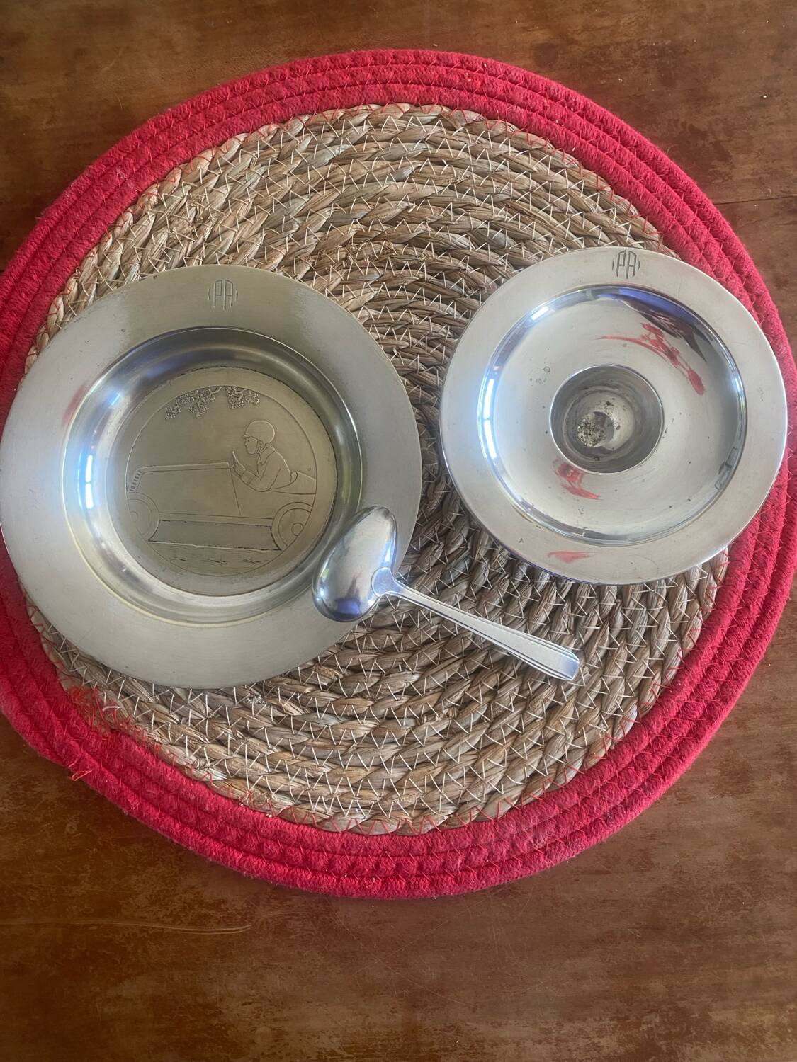 Egg cup, plate, silver-plated spoon