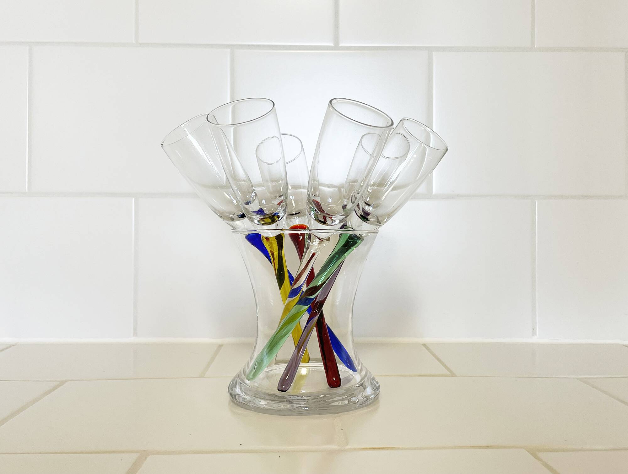 Set of 6 Vintage Champagne Flutes with Stand, German Handblown Glass