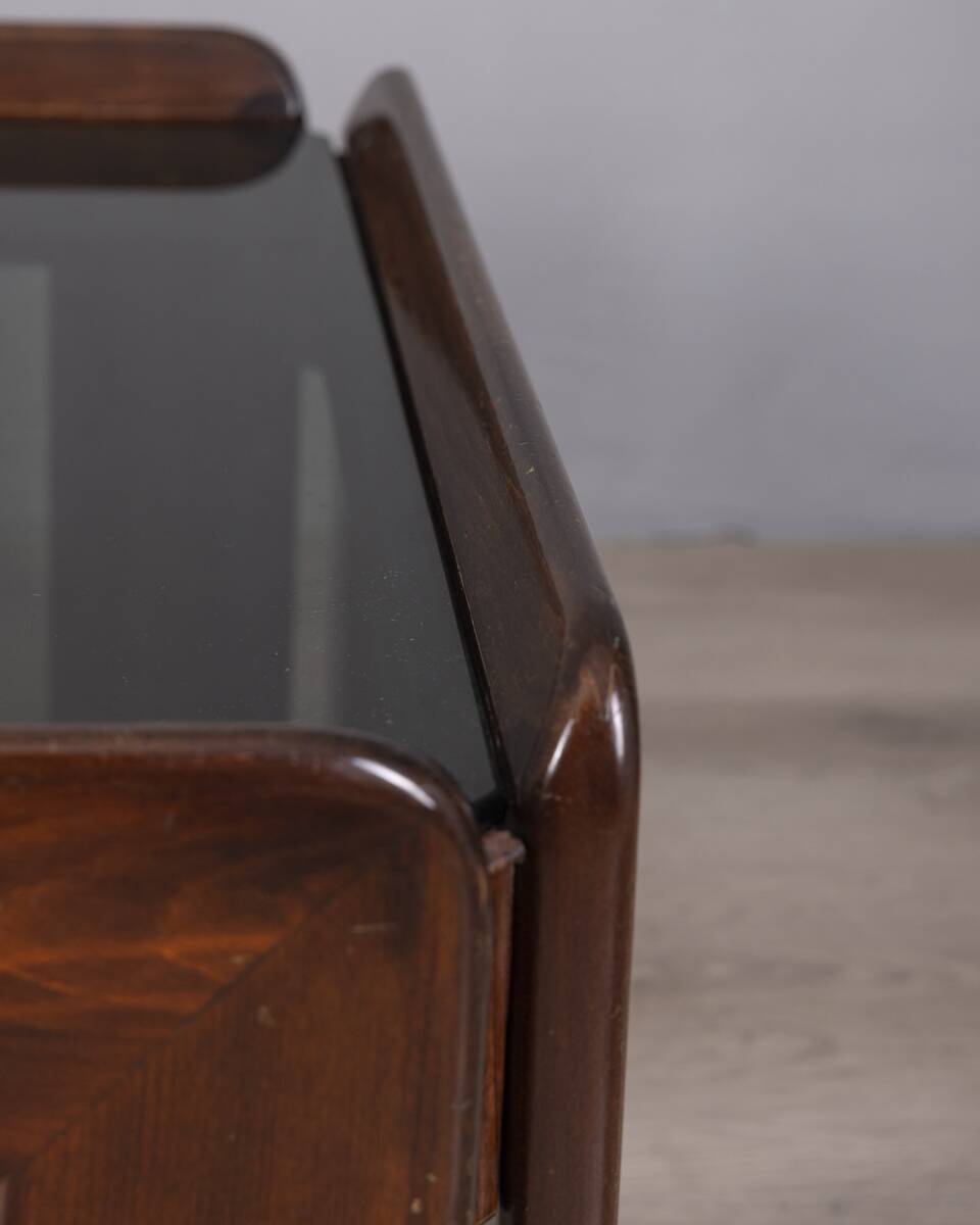 VINTAGE 1970S COFFEE TABLE IN WOOD AND GLASS DESIGNED AFRA E TOBIA SCARPA