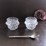 Glass salt and pepper shaker set with vintage serving spoon