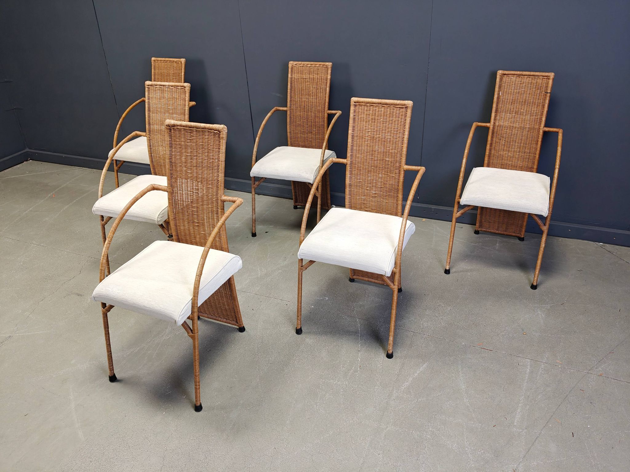 Vintage wicker dining chairs with high backs, 1980s - set of 6