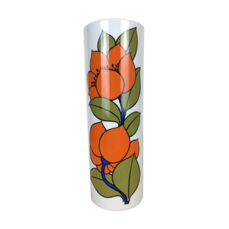 Vase rouleau fleurs orange, céramique des années 70