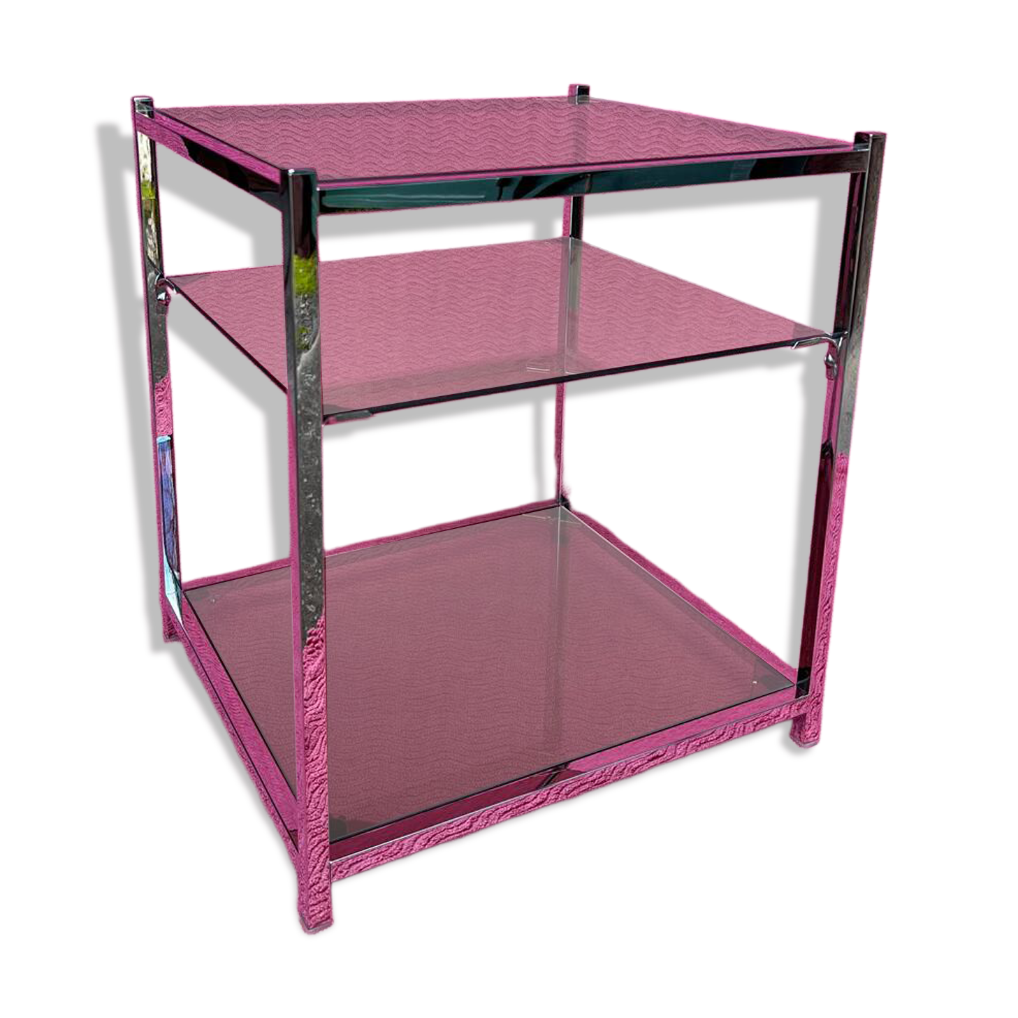 VINTAGE 1970 RECTANGULAR COFFEE TABLE WITH SQUARE CHROME TUBES AND 3 SHELVES