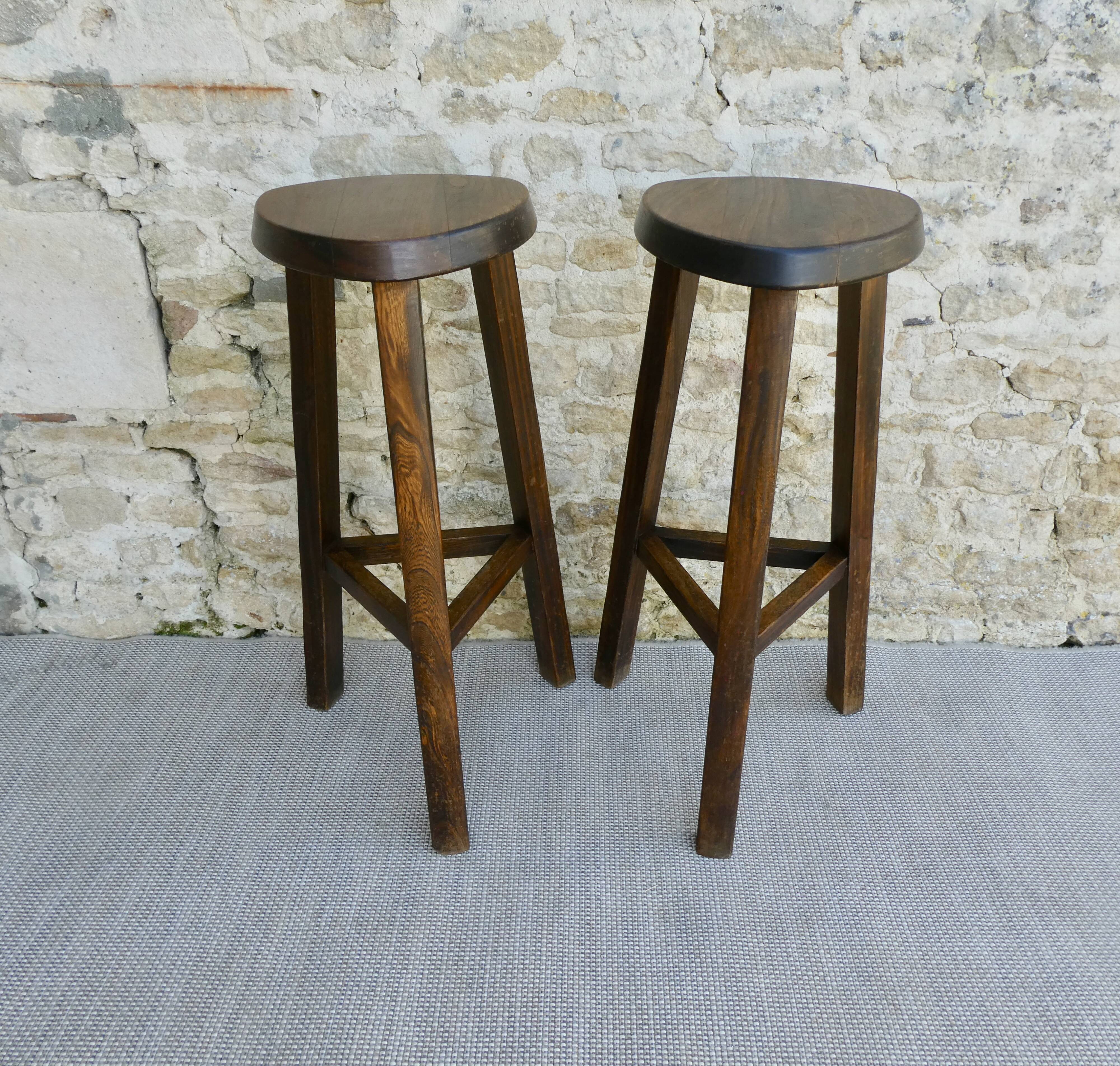 Pair of high tripod stools, bar, solid wood