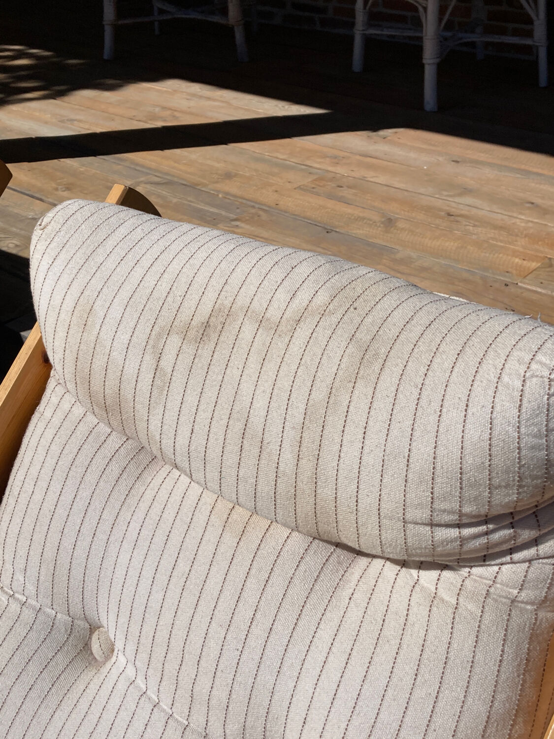 4 garden armchairs 1970 in pine and beige fabric