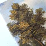 Antique painting signed "Percy" - House by the pond - oil on canvas