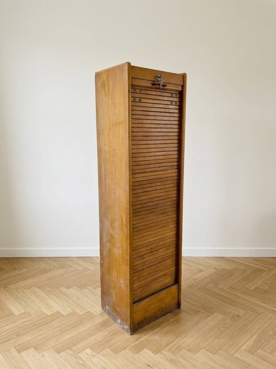 Antique oak filing cabinet with curtains