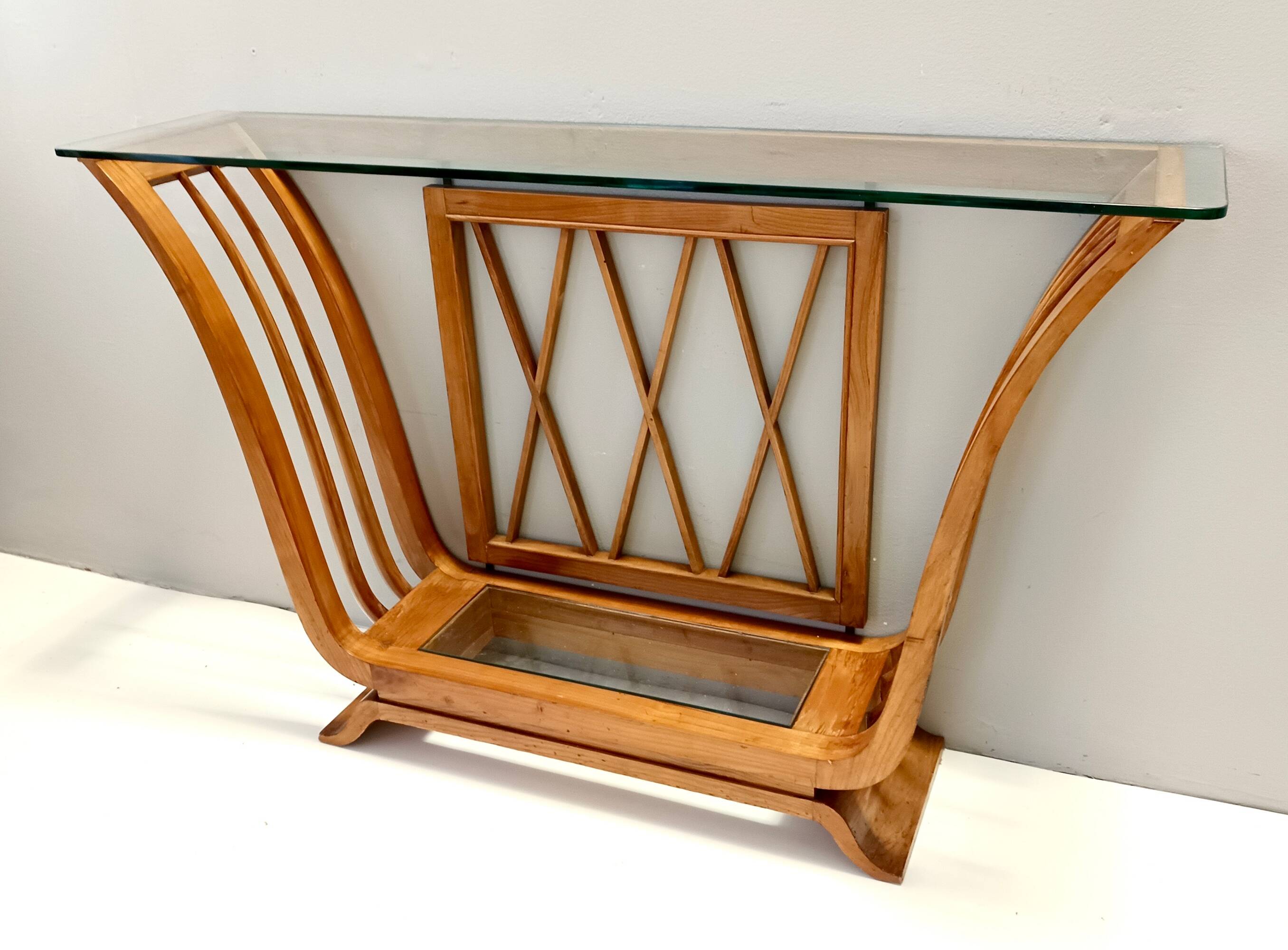 Art Deco Cherrywood Console Table with a Rectangular Glass Top, Italy