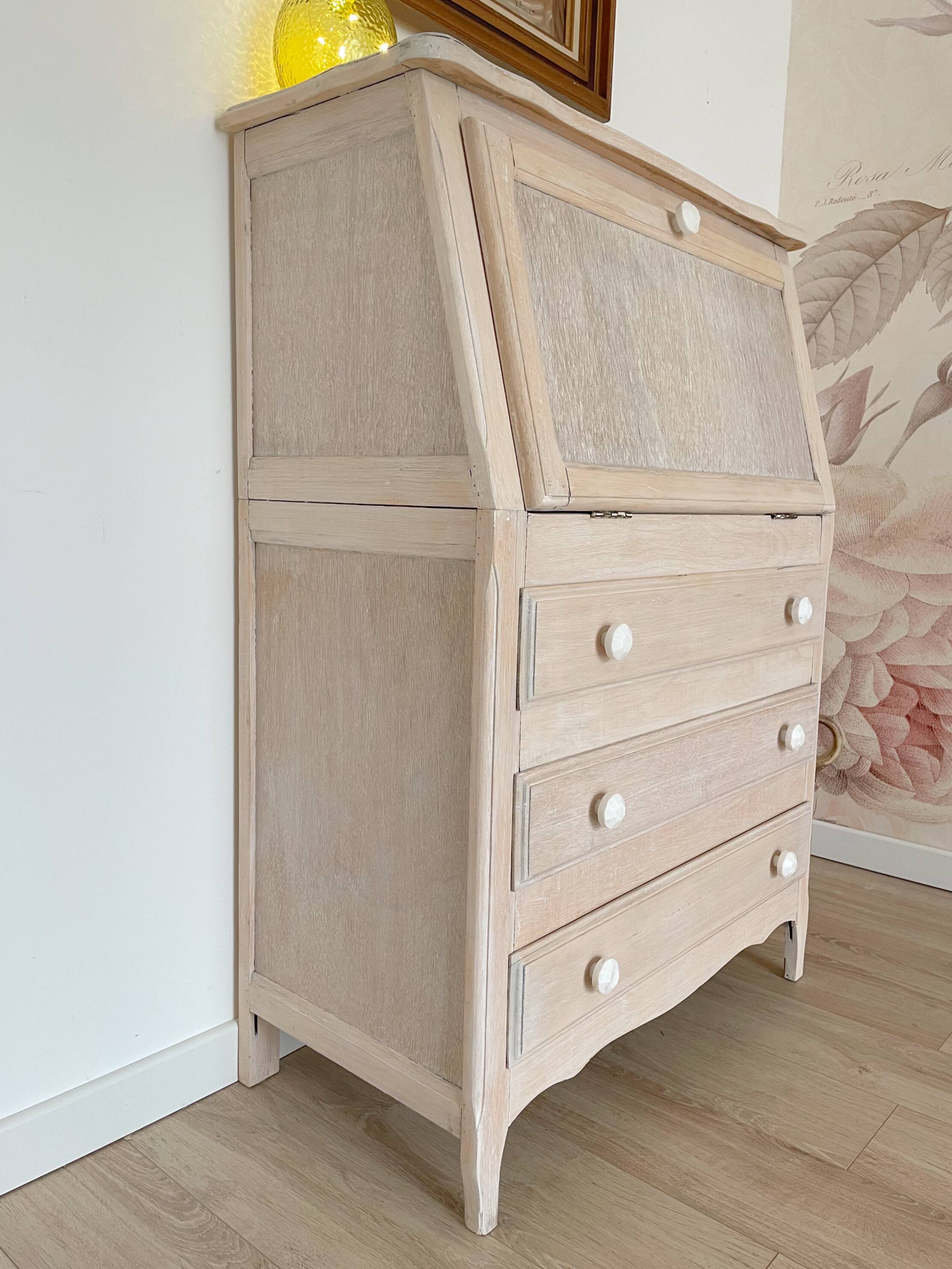 Antique donkey back secretary, white patina with a ceruse effect