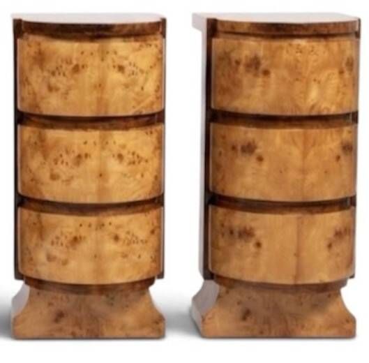 Pair of Art Deco bedside tables in beech, rosewood & elm burl.