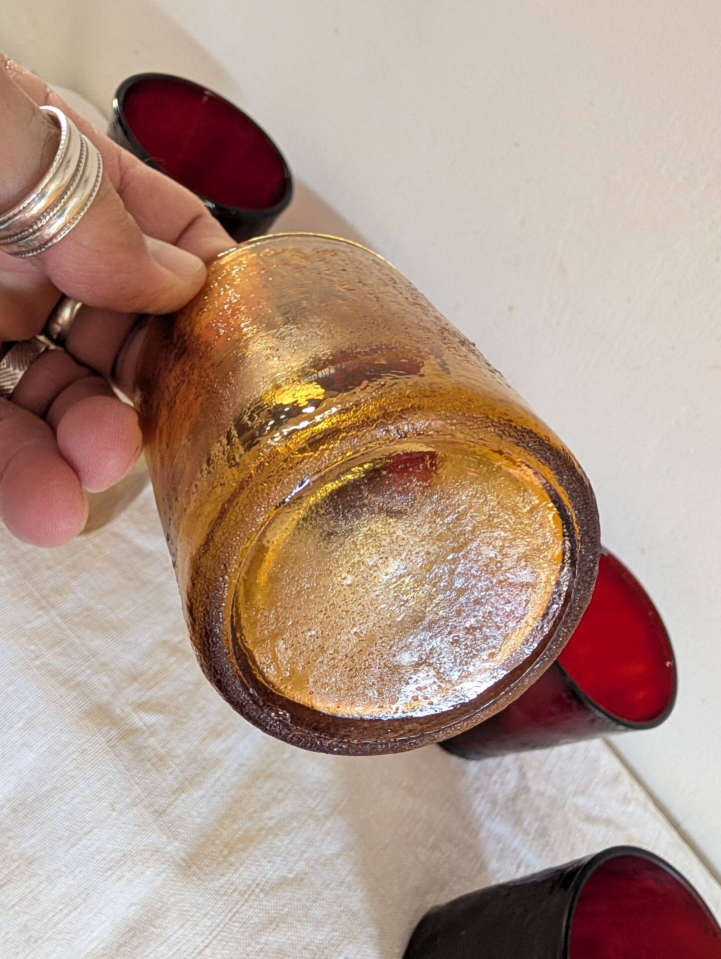 6 vintage glasses Lever France amber and ruby from the 1970s