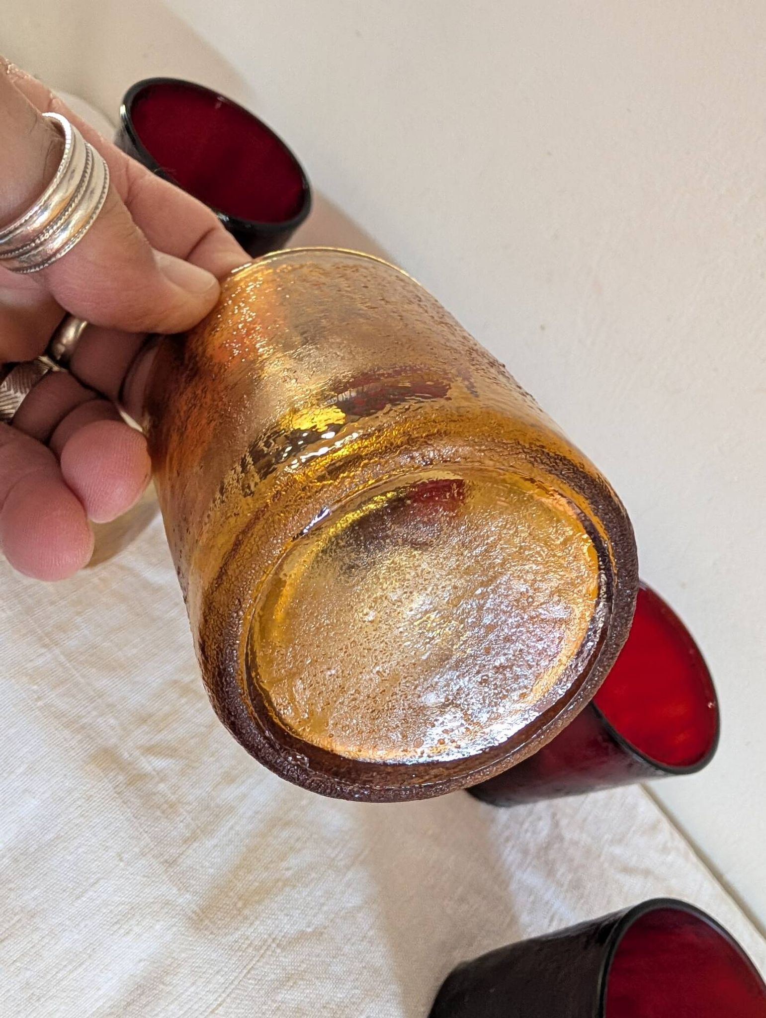 6 vintage glasses Lever France amber and ruby from the 1970s