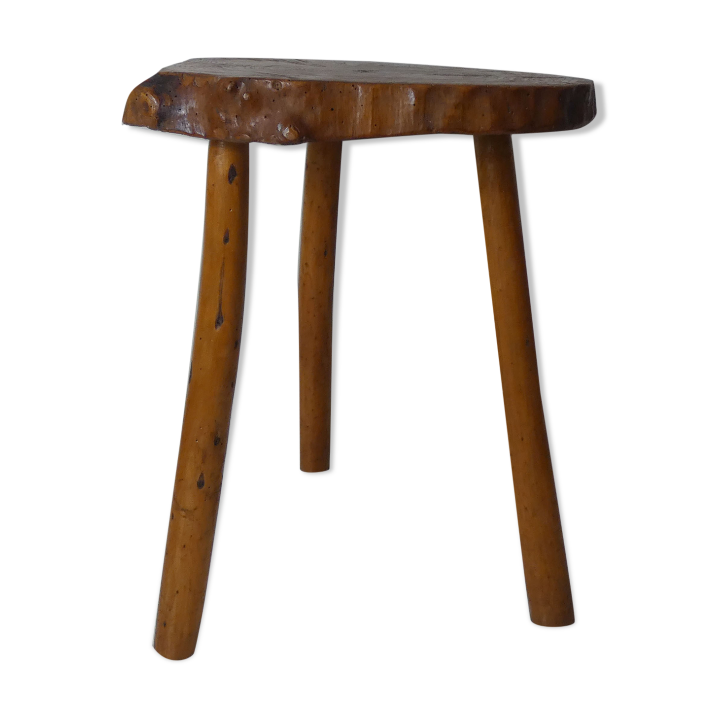 Brutalist side table tripod in vintage wood