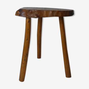 Table d'appoint brutaliste tripode en bois vintage