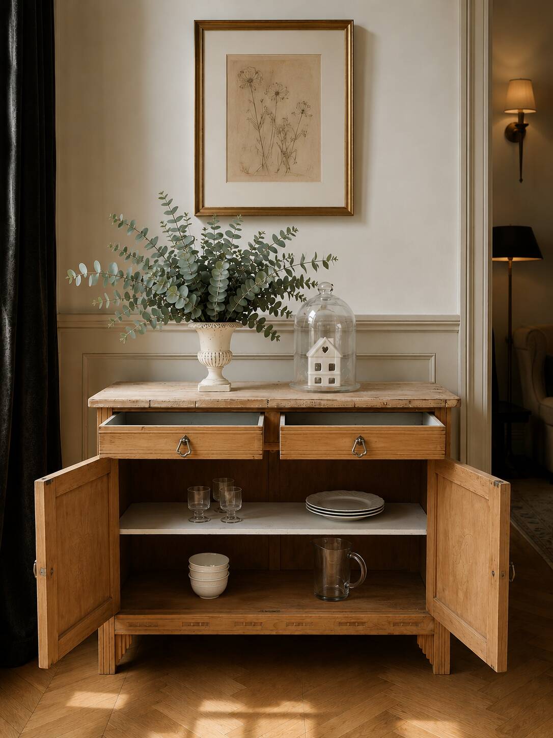 Buffet Art Déco en bois naturel, charme authentique.