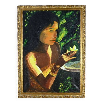 Important Oil on Canvas “La Tahitienne” signed Morillon – 1985