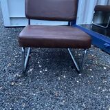 Vintage low cantilever armchair – Brown faux leather & tubular frame