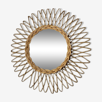 Sun mirror in woven rattan. 50cm. 1960.