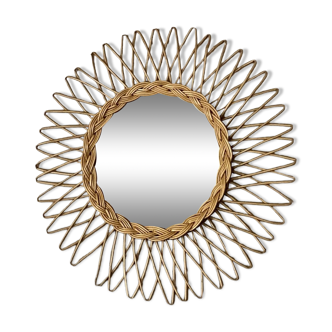 Sun mirror in woven rattan. 50cm. 1960.