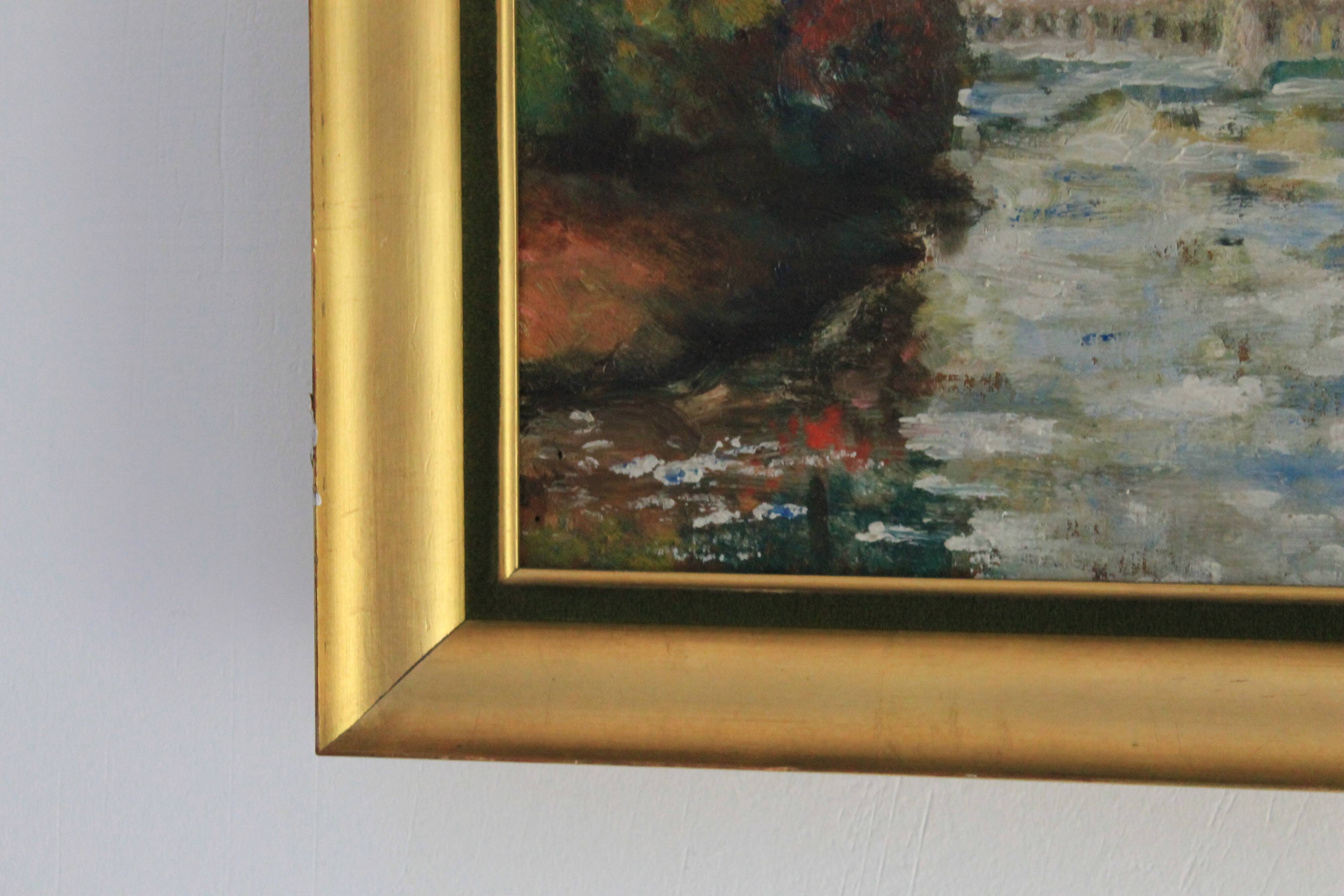 Oil on canvas "Landscape with Bridge" early 20th century