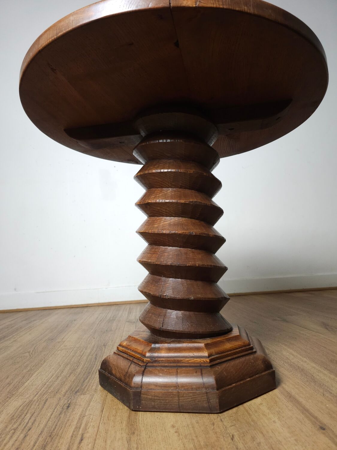 Brutalist side table in solid oak, circa 1950.