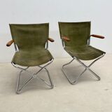 Set of 4 mid century modern green canvas folding armchairs