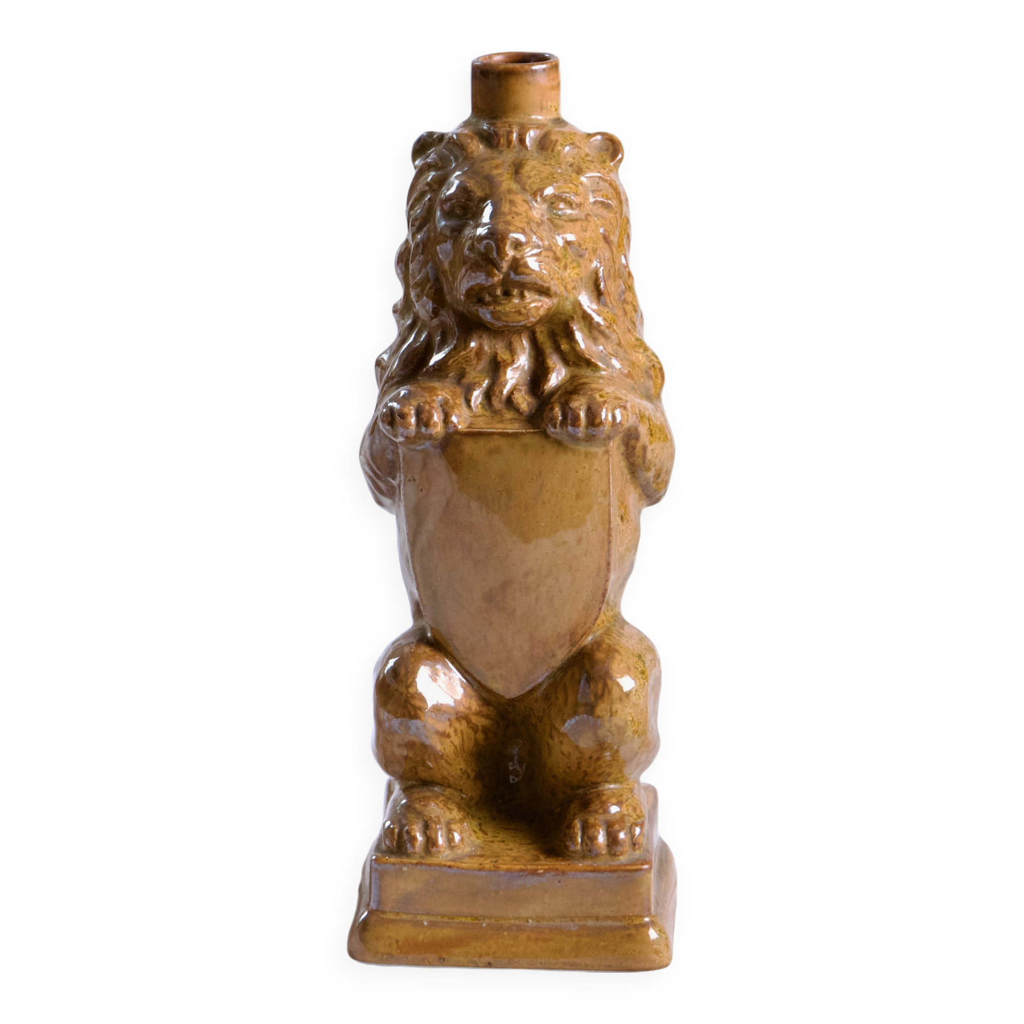 Vase - Antique zoomorphic lion bottle in enamelled stoneware signed Gps