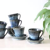 Serving of 6 cups and under cups in stoneware, Manziat, vintage