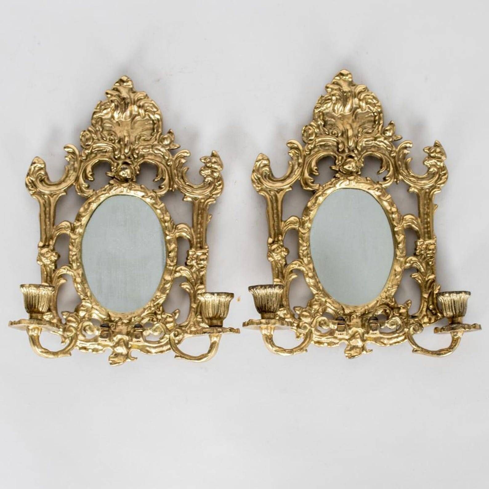 Pair of Antique Brass Wall Sconces with Mirror