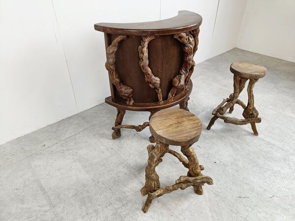 Bar à branches en bois de vigne vintage, années 1950