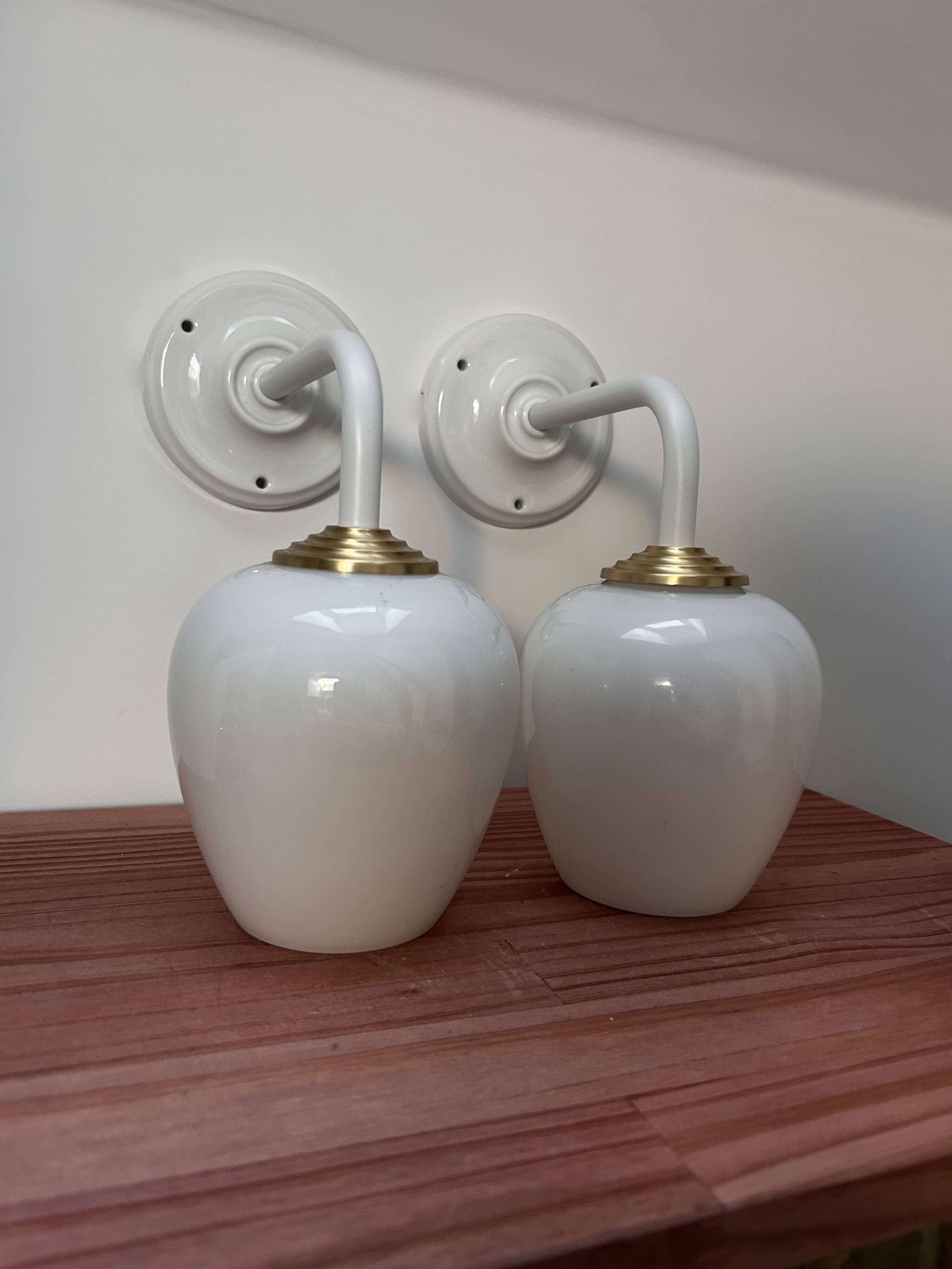 Pair of vintage white opaline wall lights