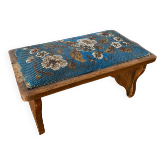 Antique Victorian Folding Footrest Stool Seat Beads Flowers Vintage