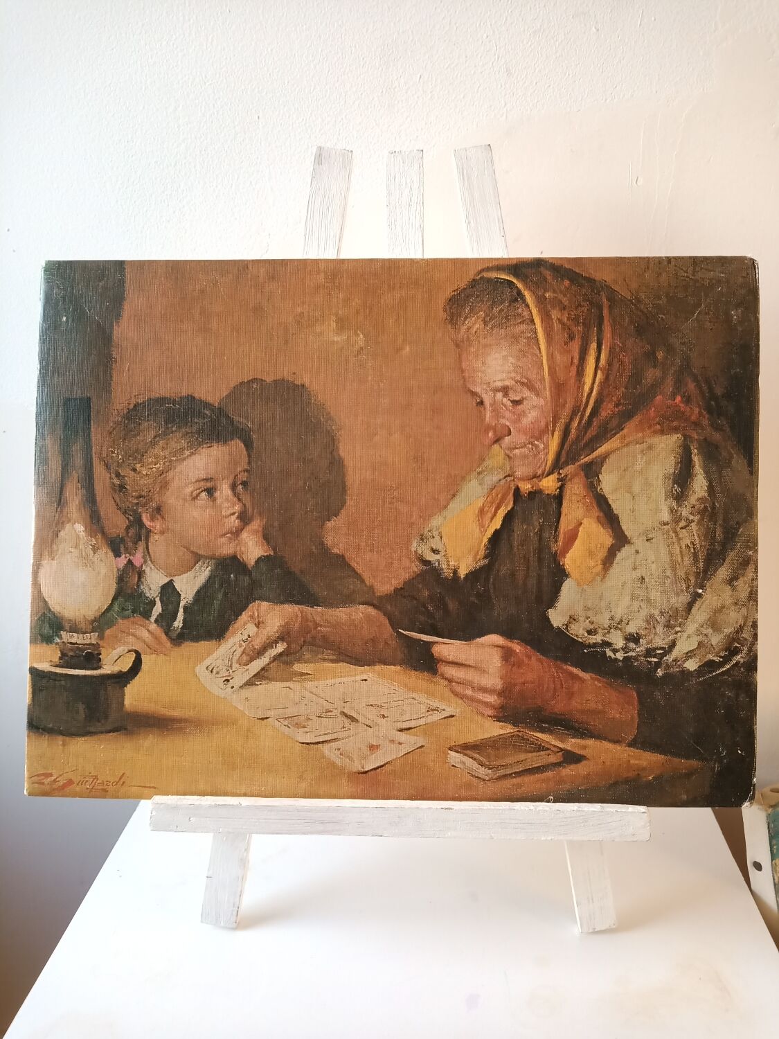 Reproduction of a painting the lady who shows the cards a little girl signed