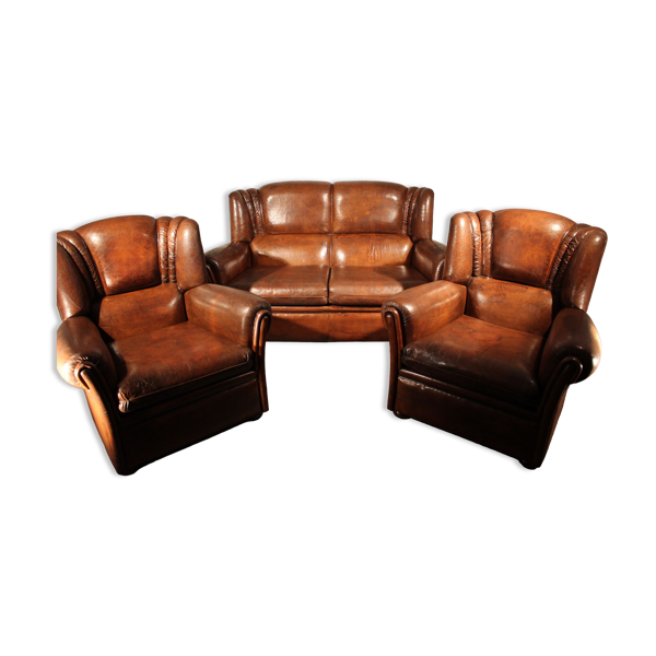 Lot de 3 fauteuils anglais en cuir des années 1950