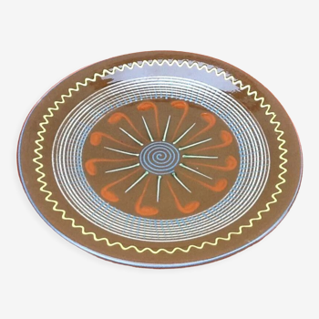 Plat Puigdemont terre cuite polychrome émaillée à décor spirales années 1960