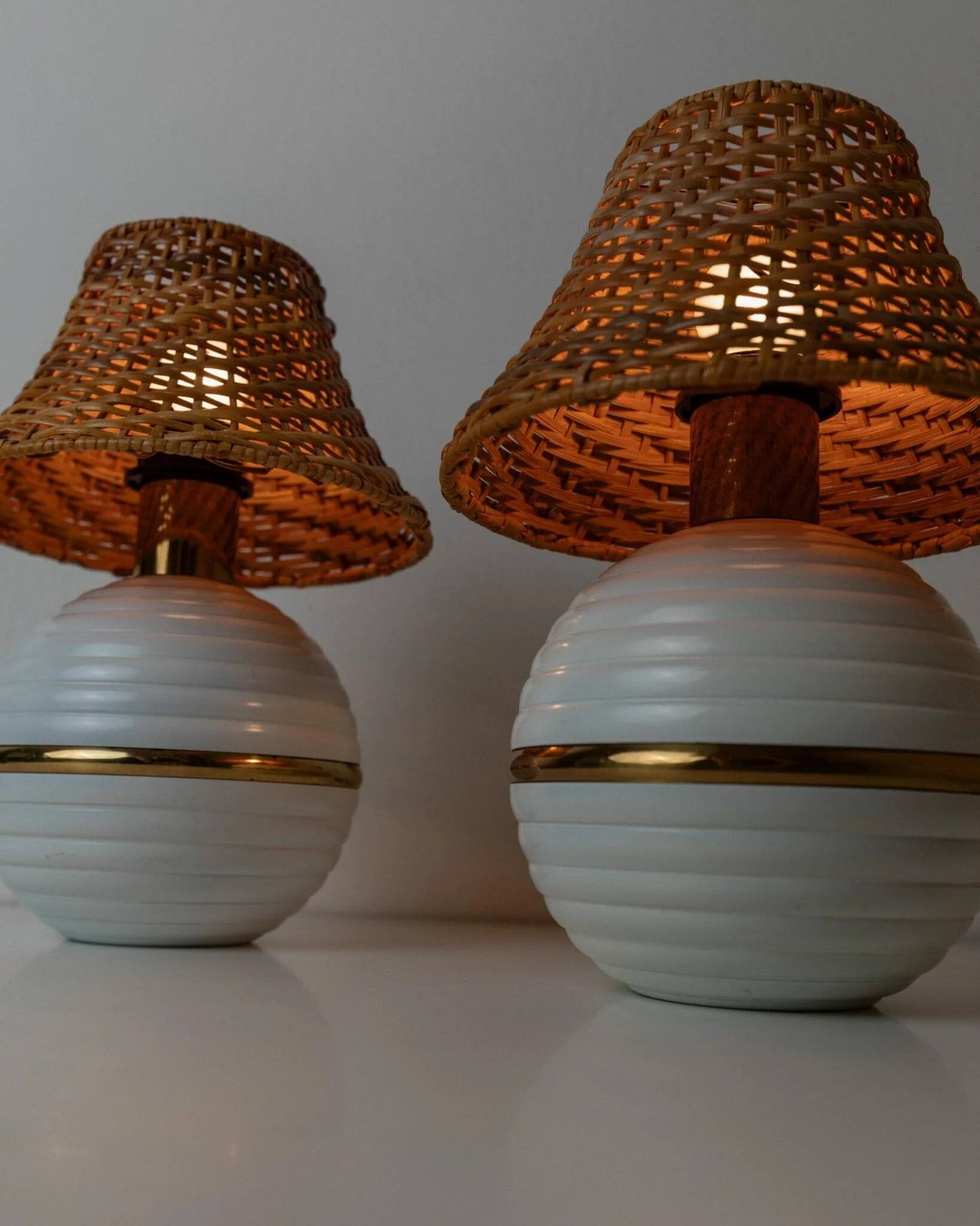 Pair of vintage table lamps – white metal with rattan shades, gold details, Italy 1980s
