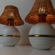 Pair of vintage table lamps – white metal with rattan shades, gold details, Italy 1980s